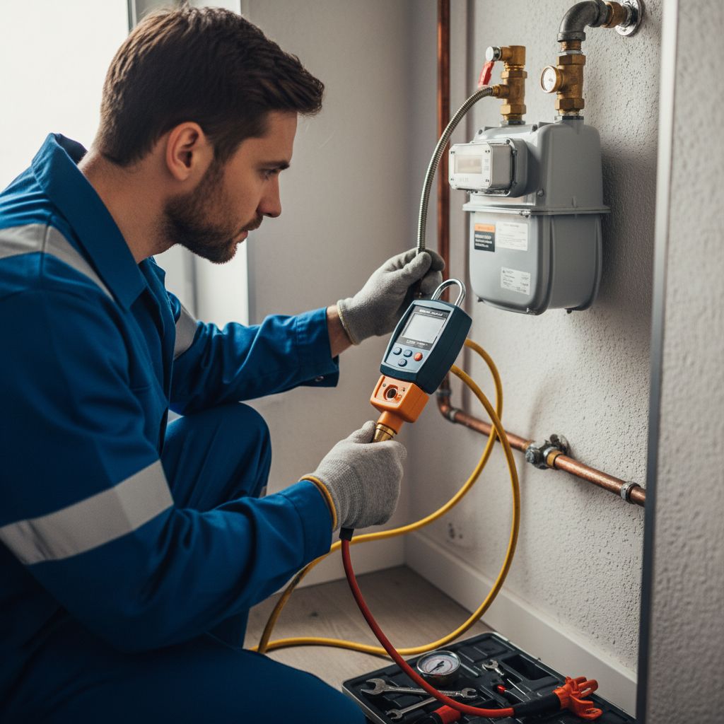 Technicien en train de vérifier la pression et l'étanchéité d'un compteur gaz après intervention