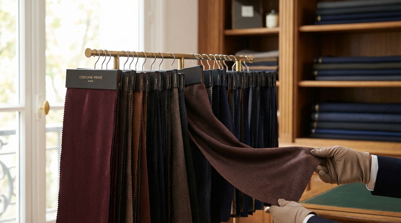Détail de tissus drapés et tombé pour un costume sur mesure, repères visuels en atelier