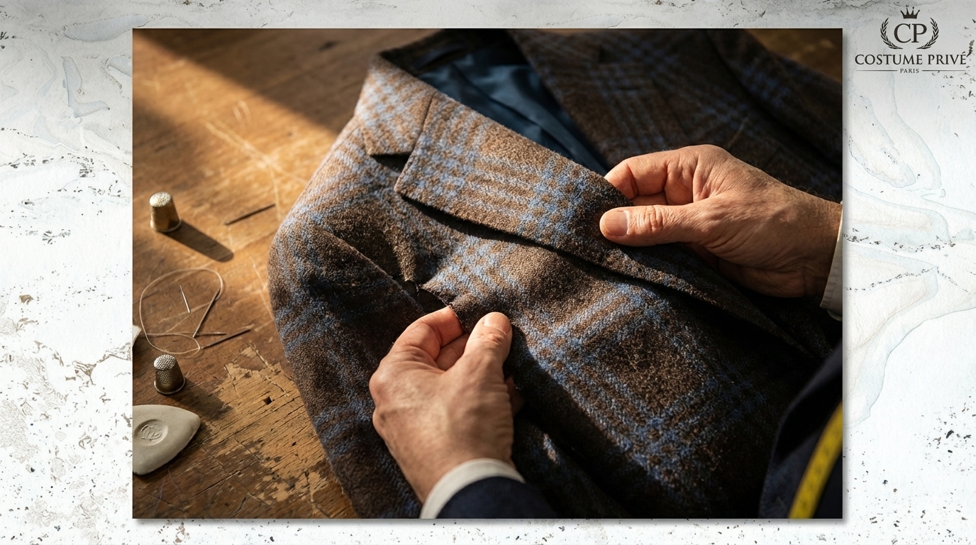 Contrôle atelier de l’emmanchure et du revers sur une veste à carreaux hiver