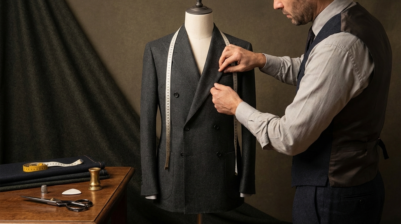 Ajustement en atelier pour stabiliser le tombé et l’emmanchure d’un costume business