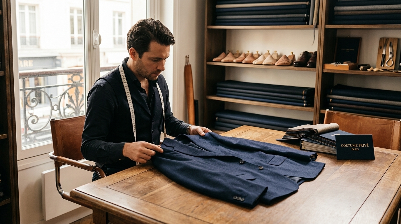 Atelier de retouche costume sur mesure avec tailleur et ajustements de veste, Paris