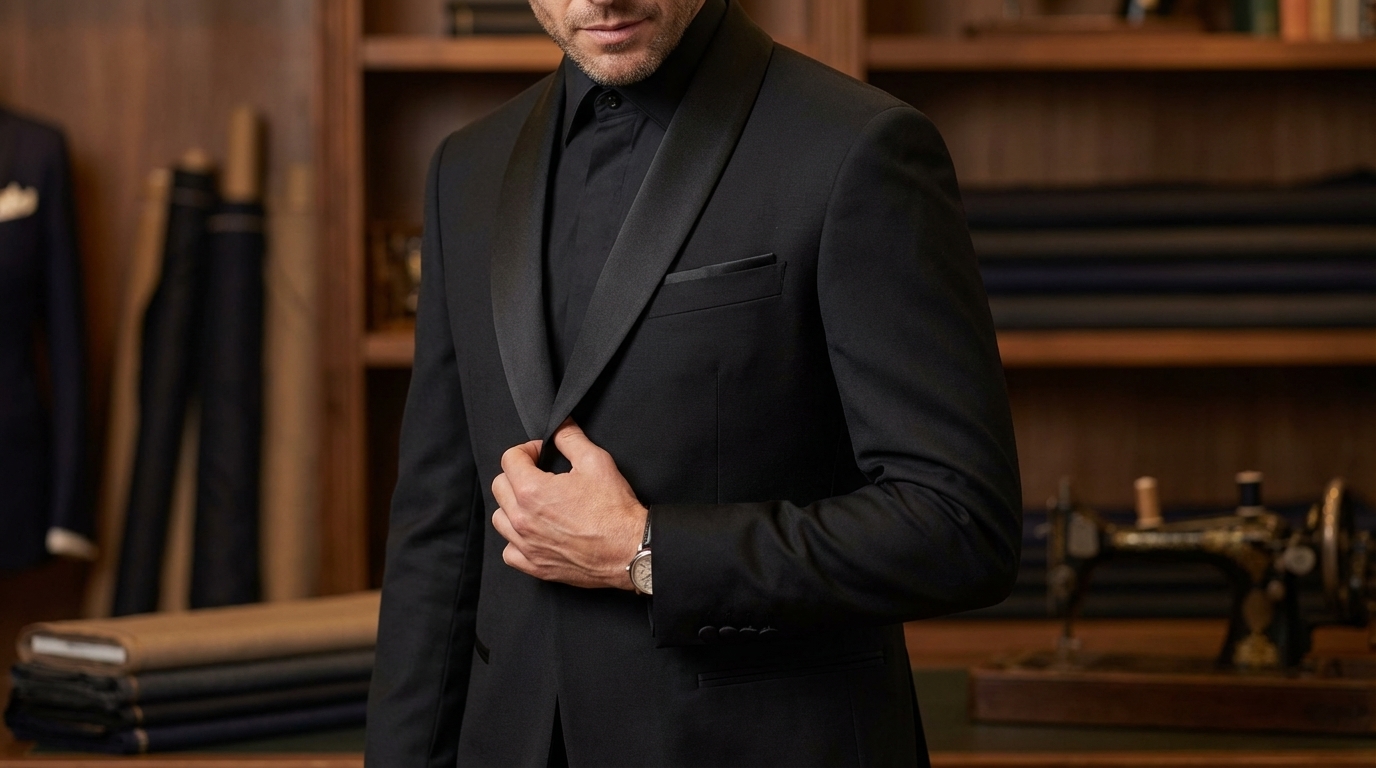 Détail du smoking noir : revers satin et passepoils de poches, ambiance mariage en soirée