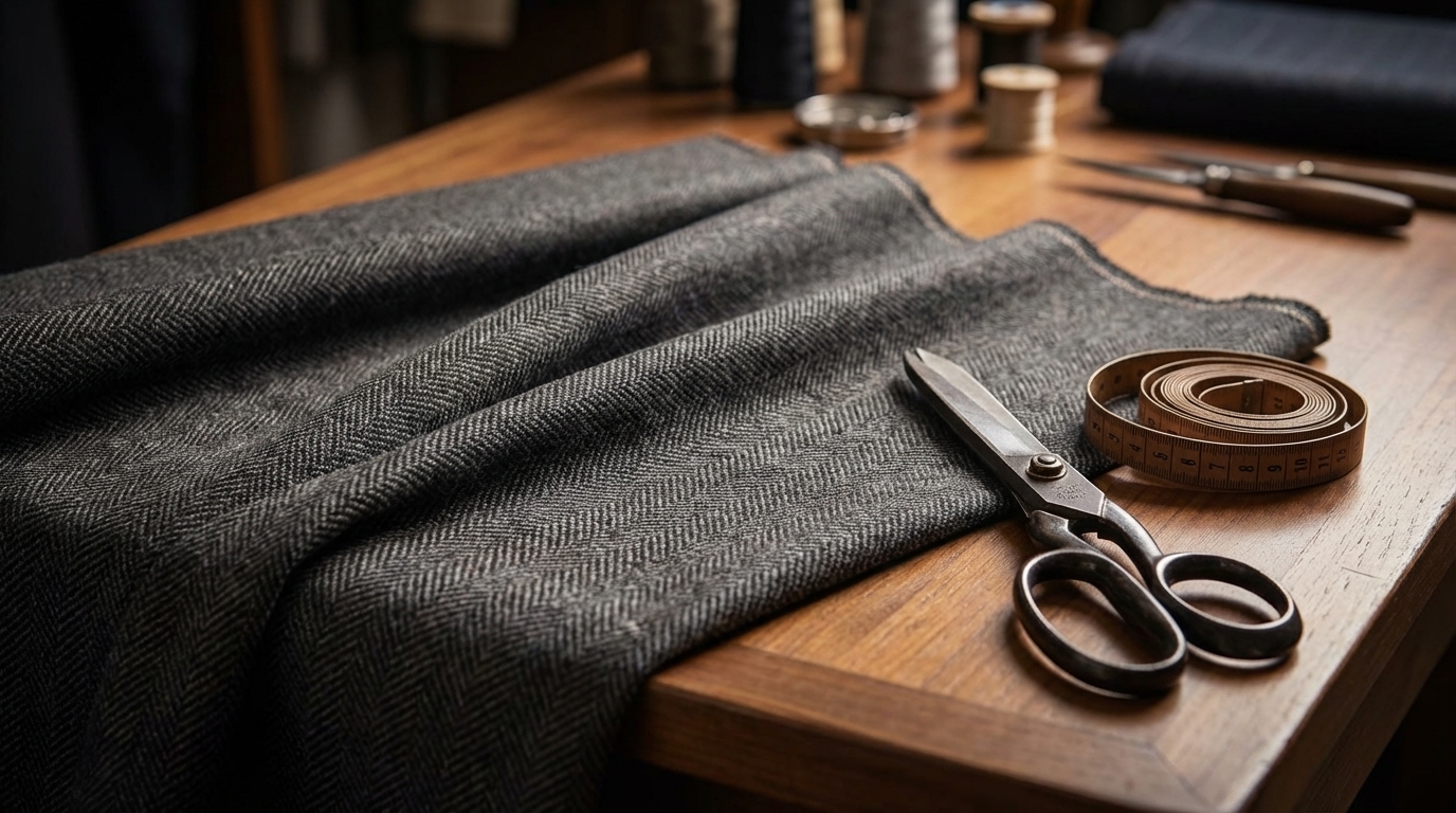 Détail de tissu et accessoires d’atelier pour le costume sur mesure