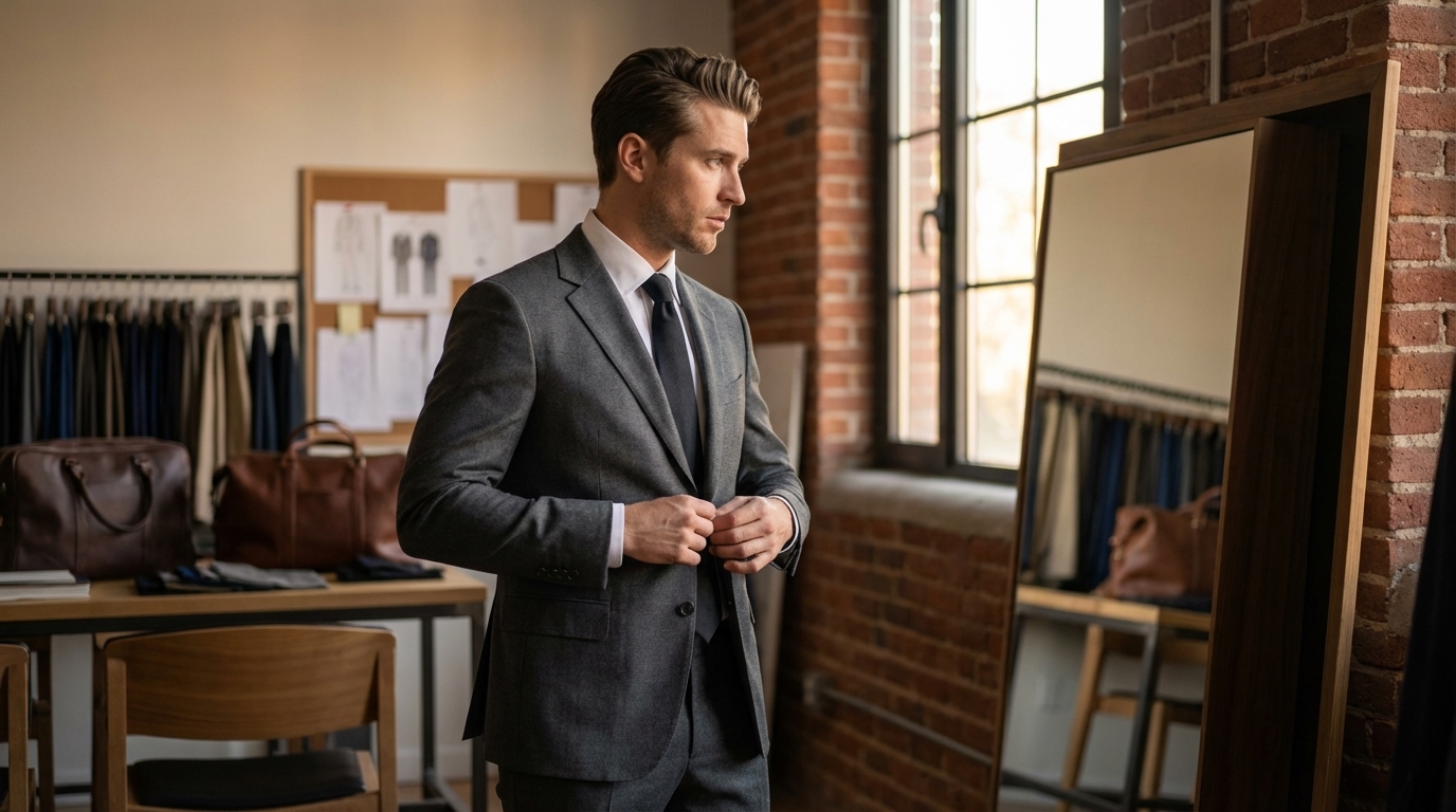 Essayage d’un costume gris anthracite sur mesure en lumière douce