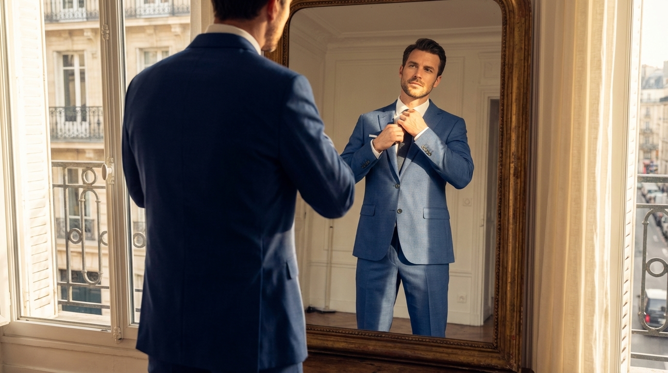 Costume sur mesure bleu à Paris 17e, vérification du tombé en situation et rendu de texture