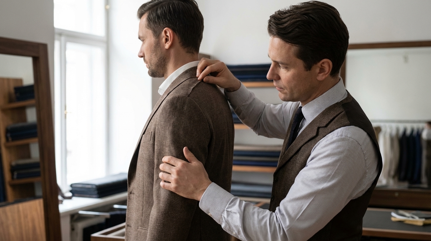 Essayage de costume sur mesure : contrôle du tombé et ajustements de couture