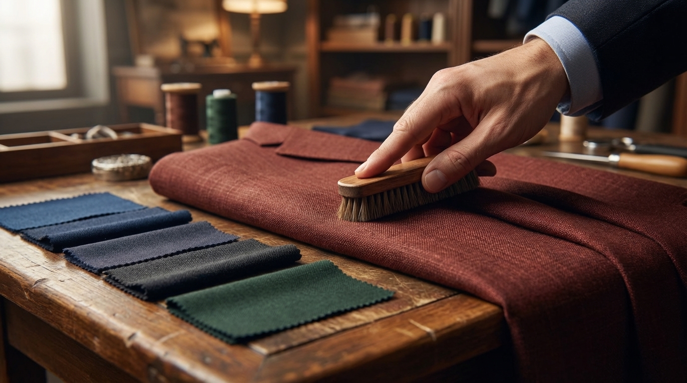 Détail de tissu de costume sur mesure, observation de la texture