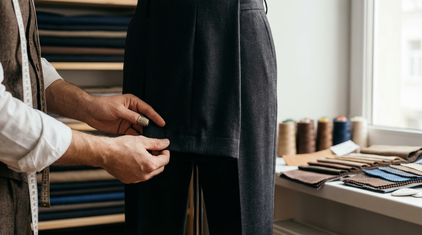 Contrôle de l’ourlet et du tombé en atelier lors d’un costume sur mesure