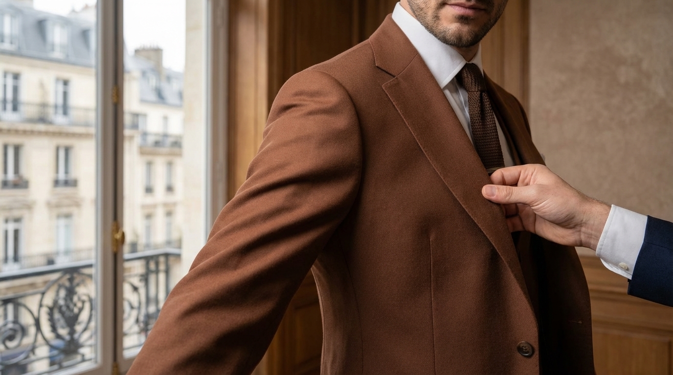 Essayage d’une veste de costume sur mesure à Paris, contrôle du tombé