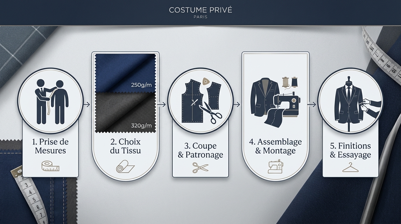 Schéma des étapes de fabrication d’un costume sur mesure à Paris