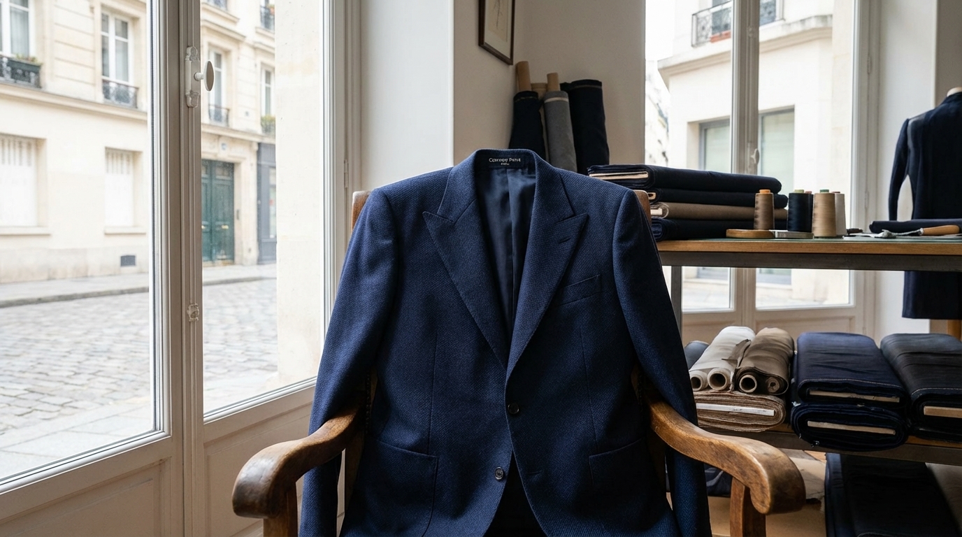 Veste de costume homme sur mesure en tissu texturé, ambiance urbaine Paris