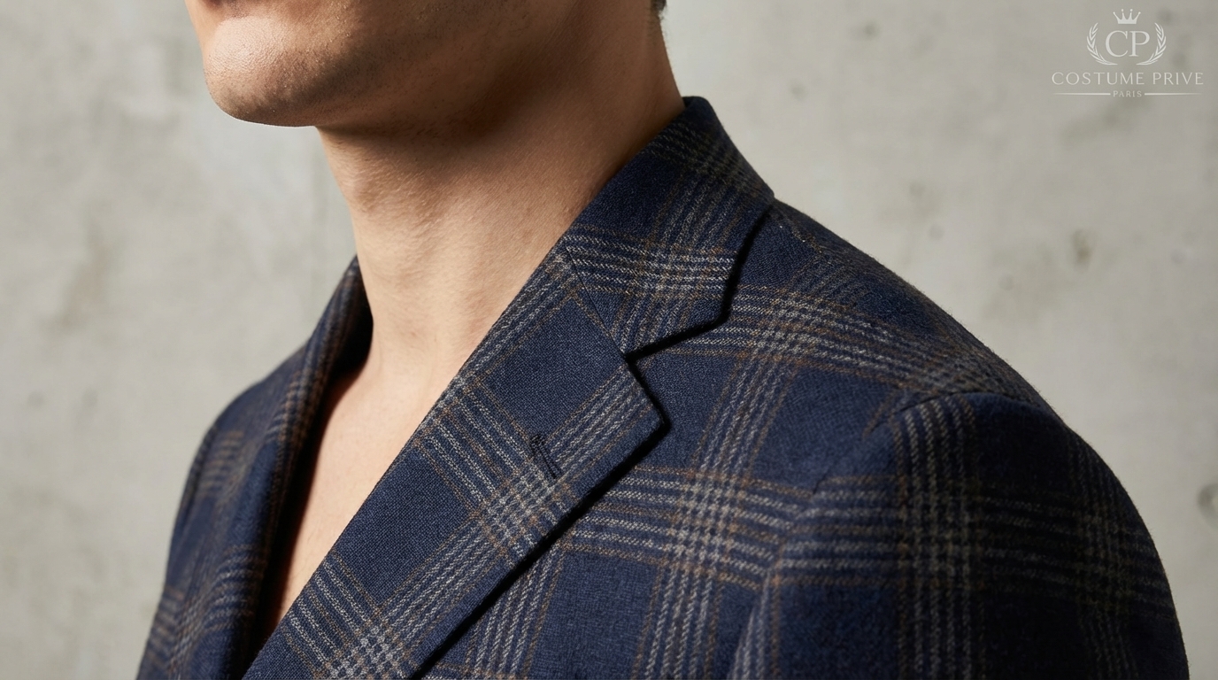 Veste à carreaux hiver bleu marine : cadrage revers/encolure pour juger l’alignement du motif