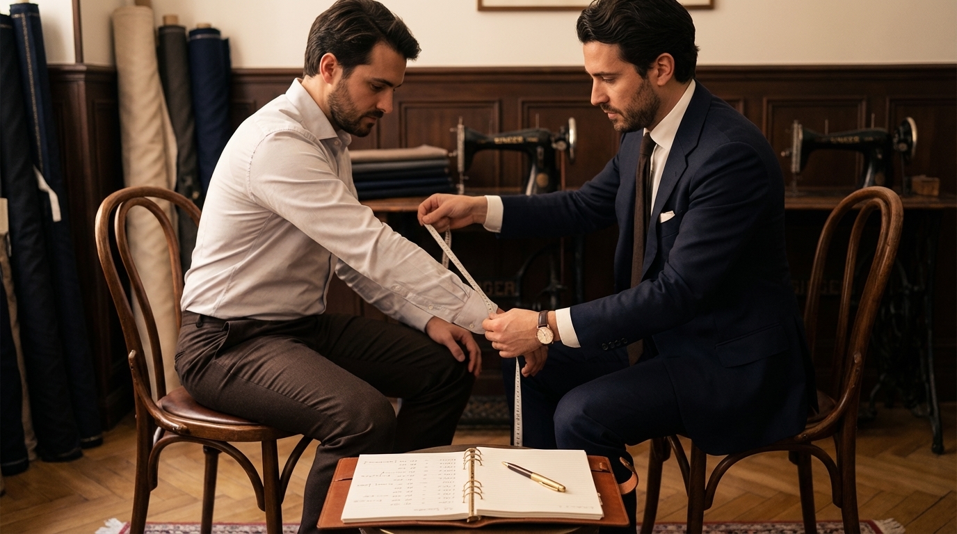 Prise de mesures pour costume sur mesure à Paris 9e en atelier