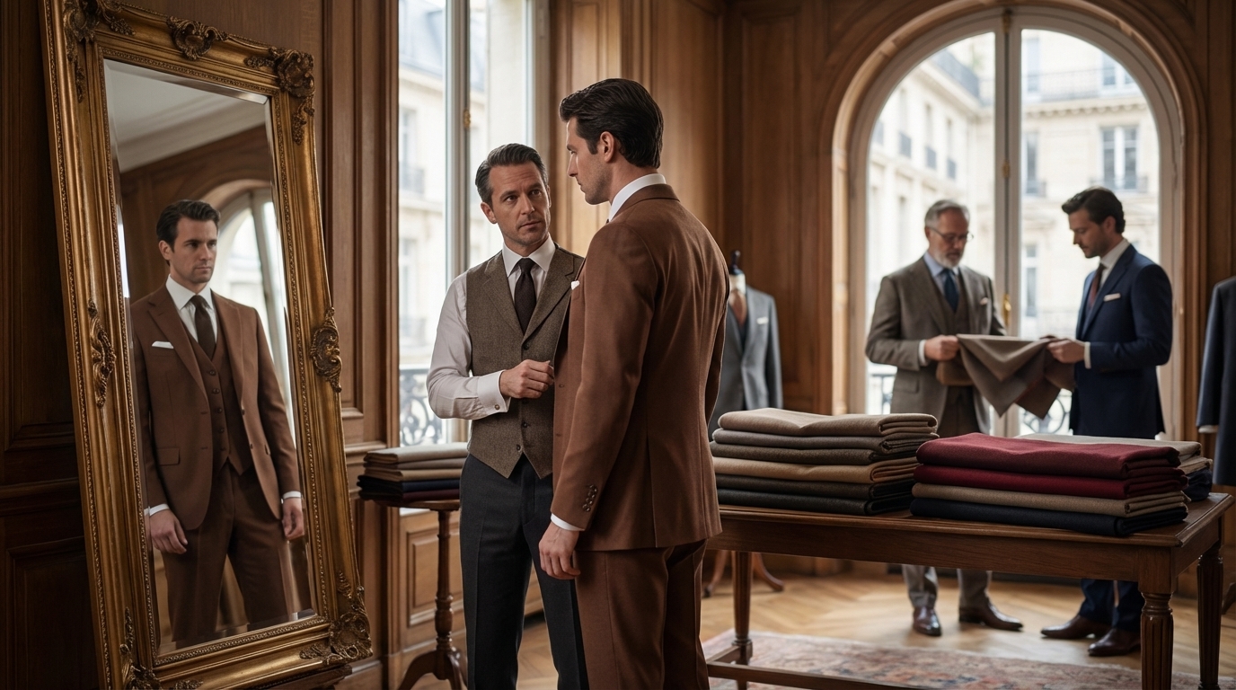 Salon privé de costume sur mesure à Paris 17e, prise de mesures et tissus pour valider le tombé