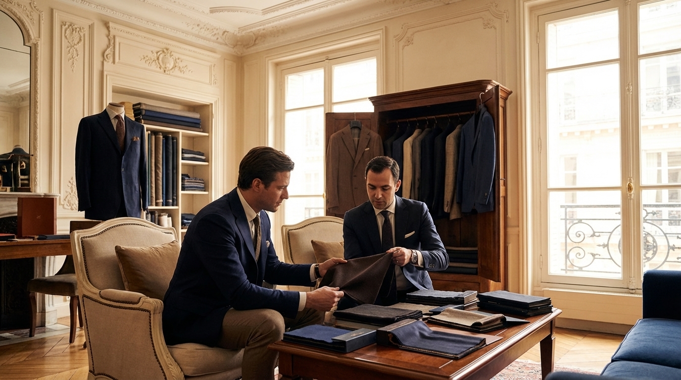 Rendez-vous en salon privé pour un costume sur mesure à Paris, ambiance discrète et tissus drapés