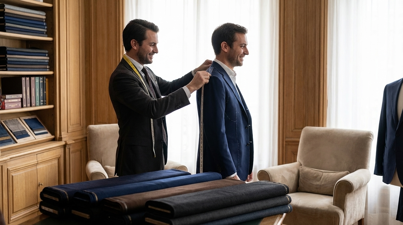 Prise de mesures pour un costume sur mesure en salon privé à Paris