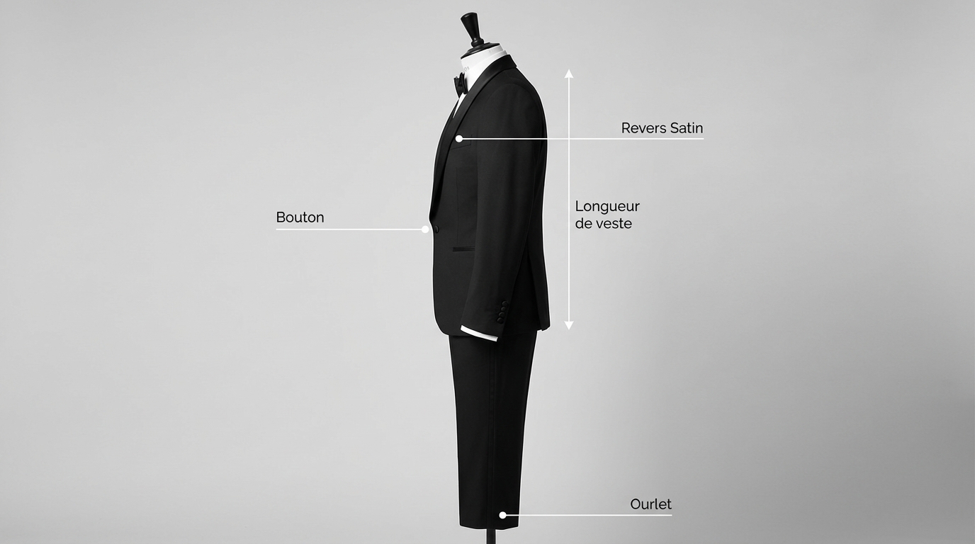 Repères atelier pour vérifier un smoking noir : bouton, revers satin, longueur et ourlet
