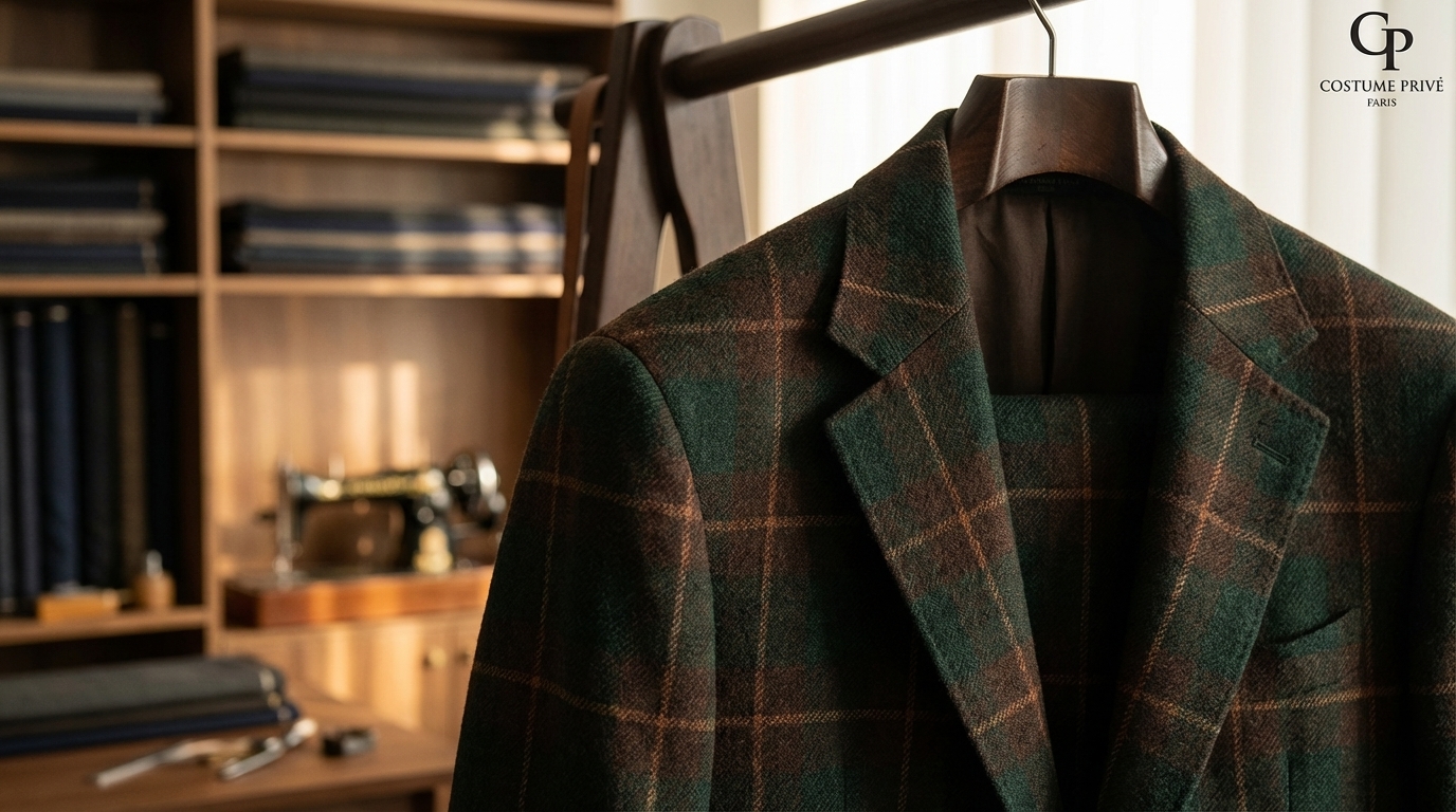 Détail texture et motif d’une veste à carreaux hiver : éclairage atelier pour juger la précision