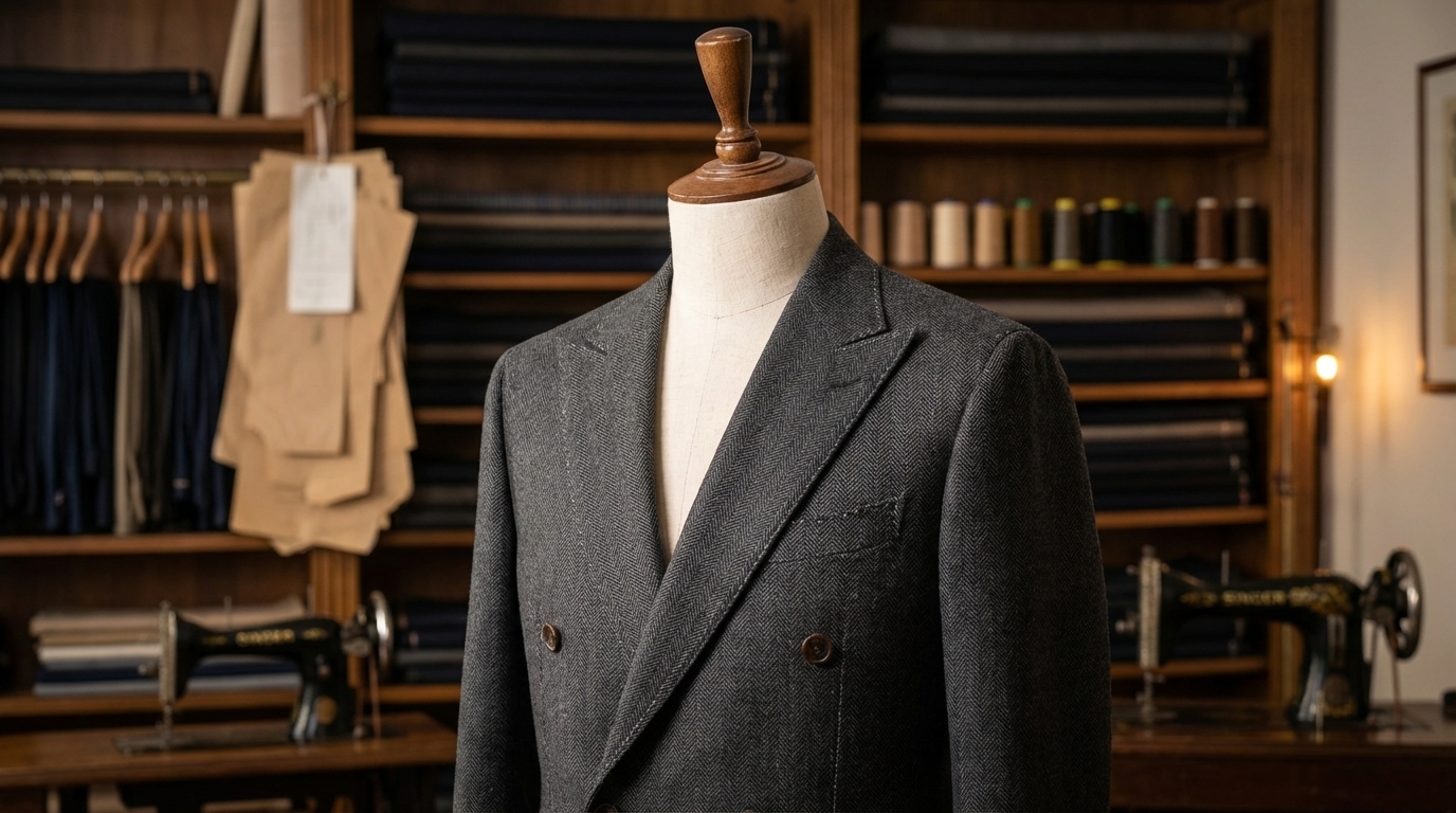 Détails de couture et ligne du revers sur une veste italienne sur mesure