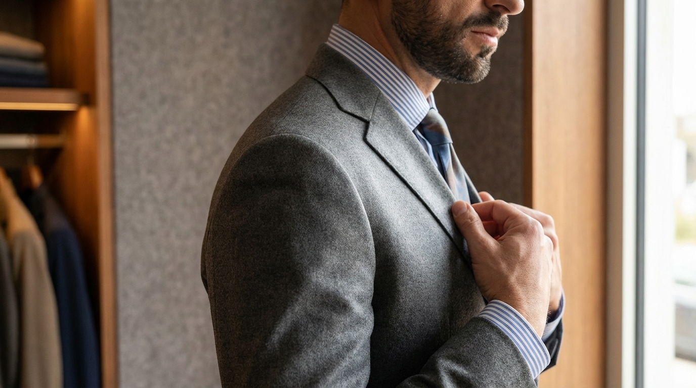 Veste italienne sur mesure, focus tombé des épaules et revers en cabine