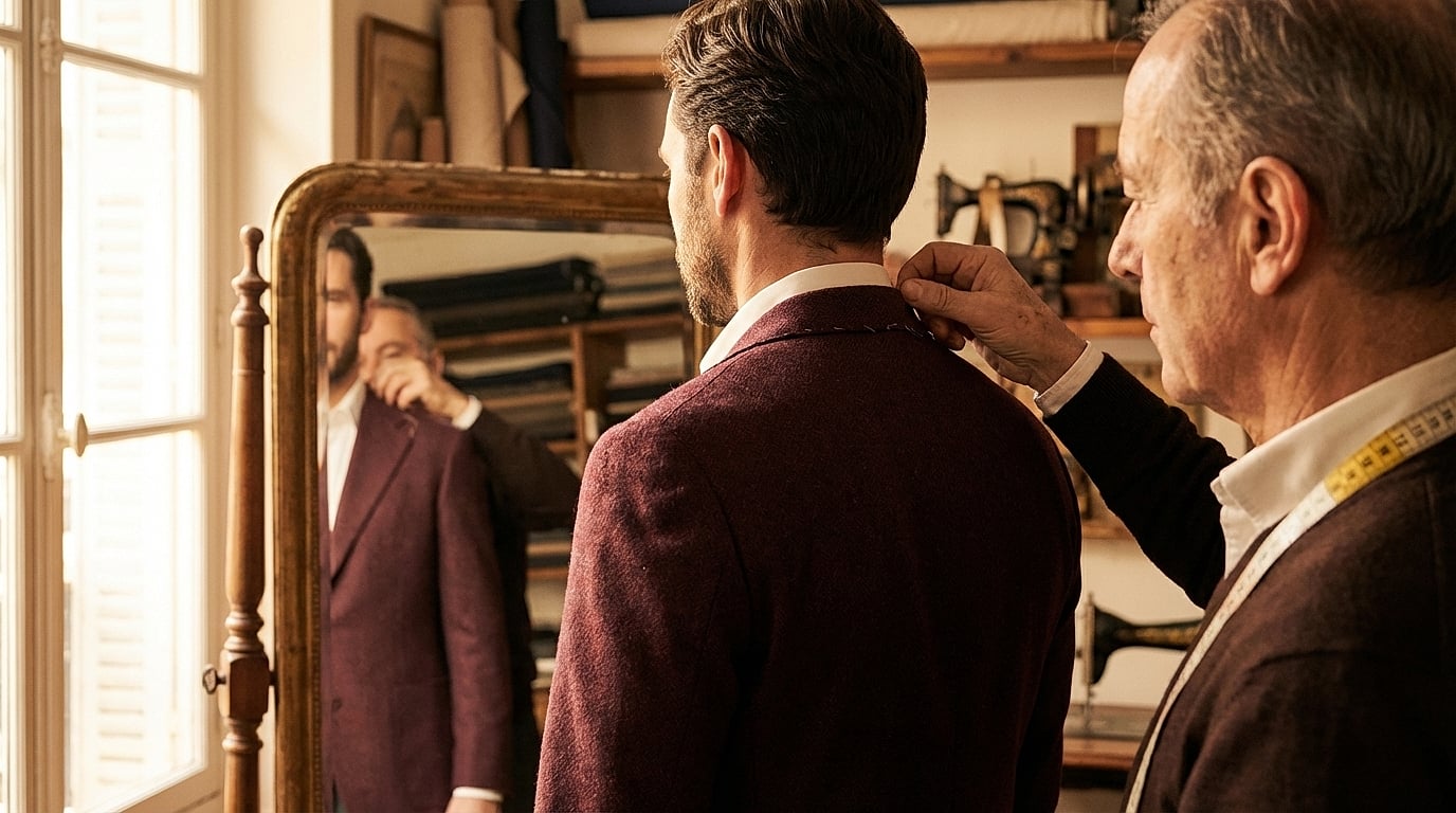 Cadrage sur la prise de mesure : épaule et encolure pour un costume sur mesure adapté