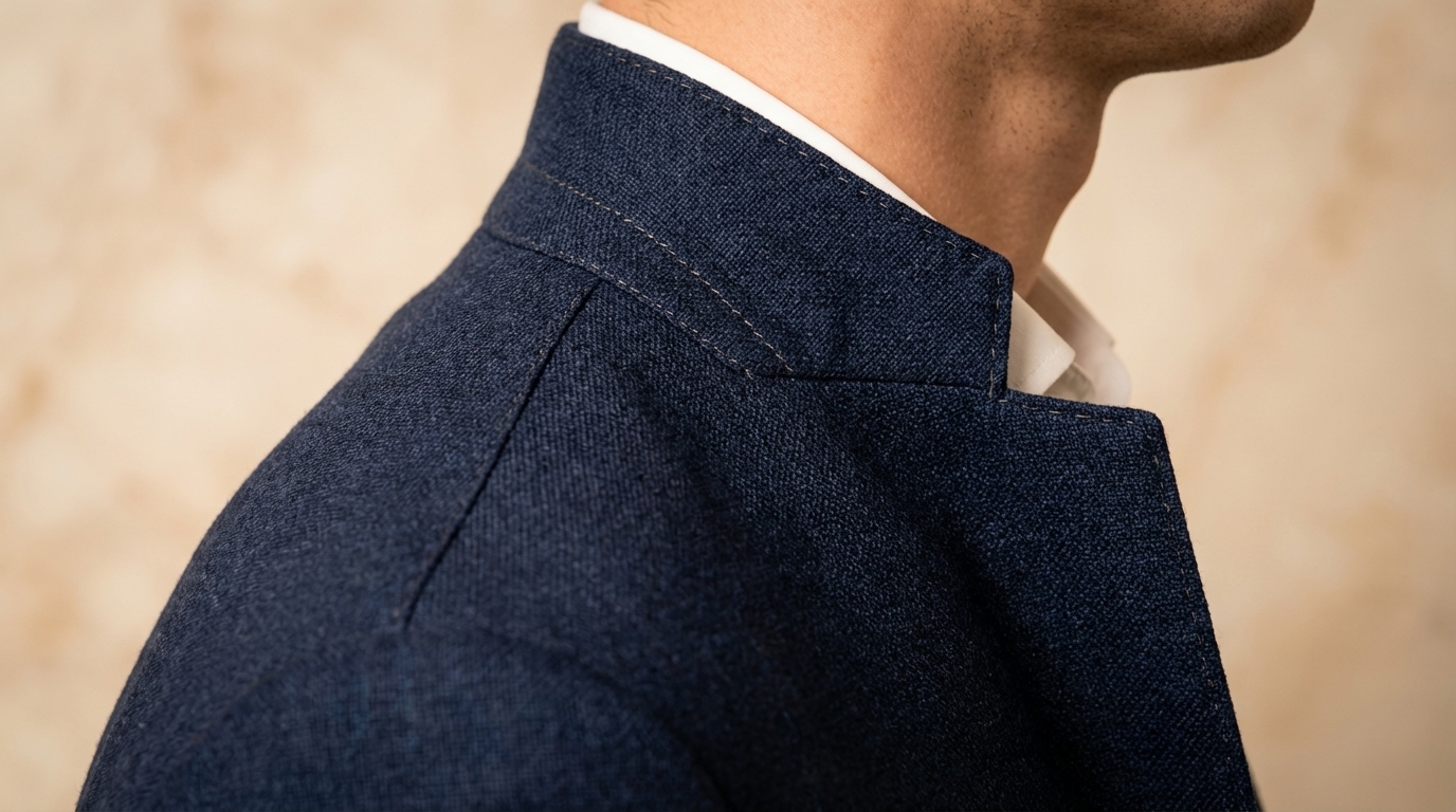 Détail de tissus bleus en atelier de couture, pour choisir votre costume