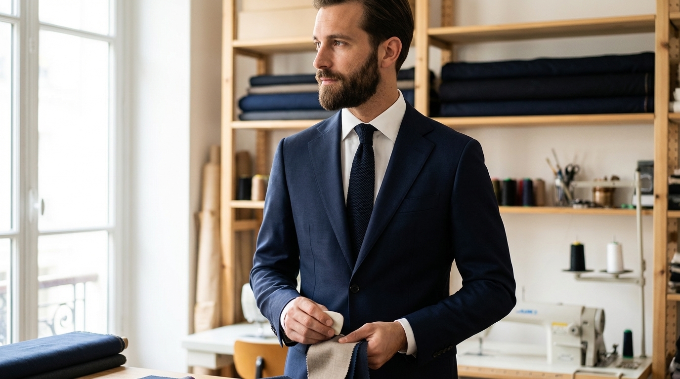 Couverture : costume bleu marine uni, chemise blanche et cravate sombre