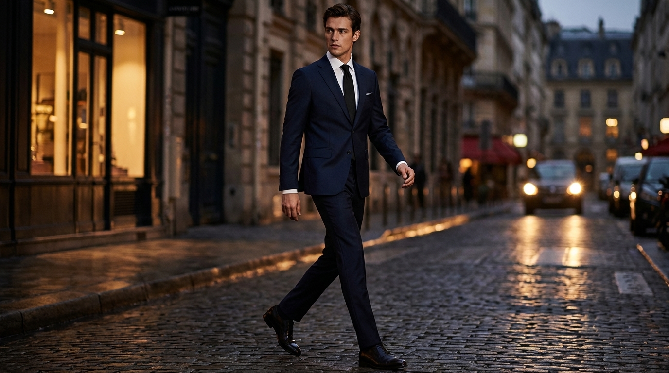 Costume bleu nuit porté en soirée, association chemise blanche et cravate noire