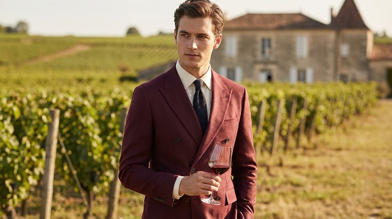 Style croisé bordeaux champêtre : tenue complète, tombé et équilibre visuel