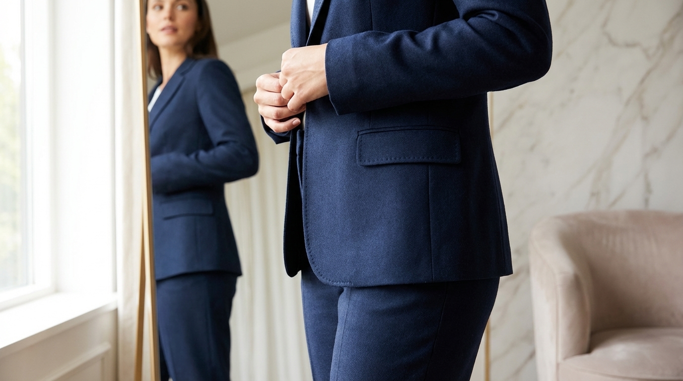 Essayage d’un costume bleu foncé avec surpiqûre et ourlet pour juger le tombé