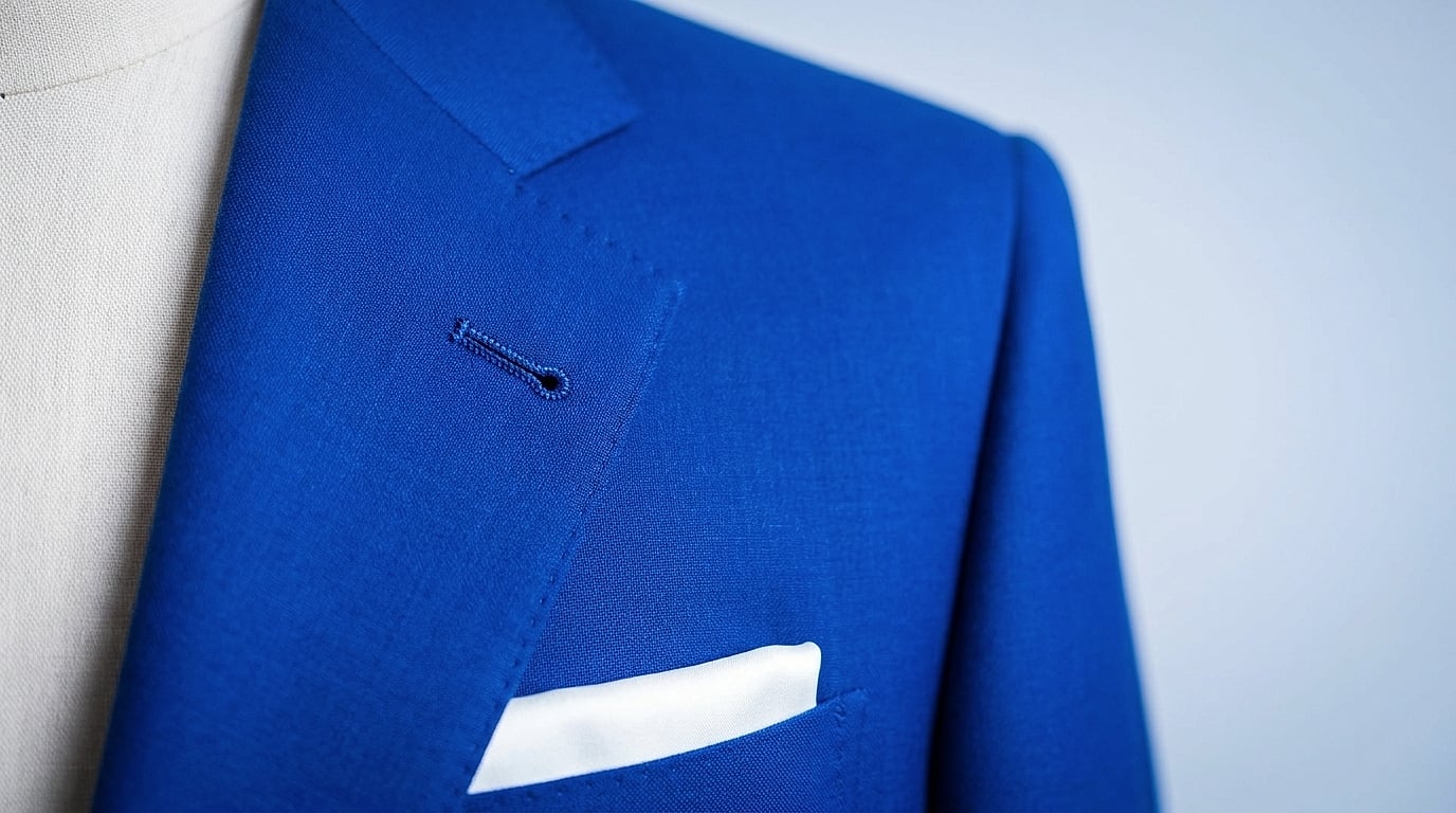 détail veste costume mariage bleu électrique