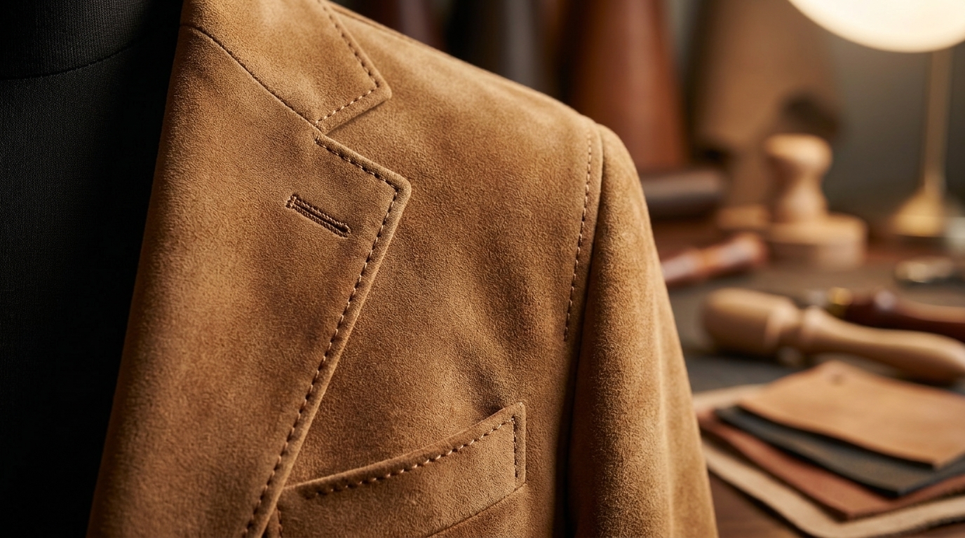 Détails de couture et texture du cuir suédé haut de gamme