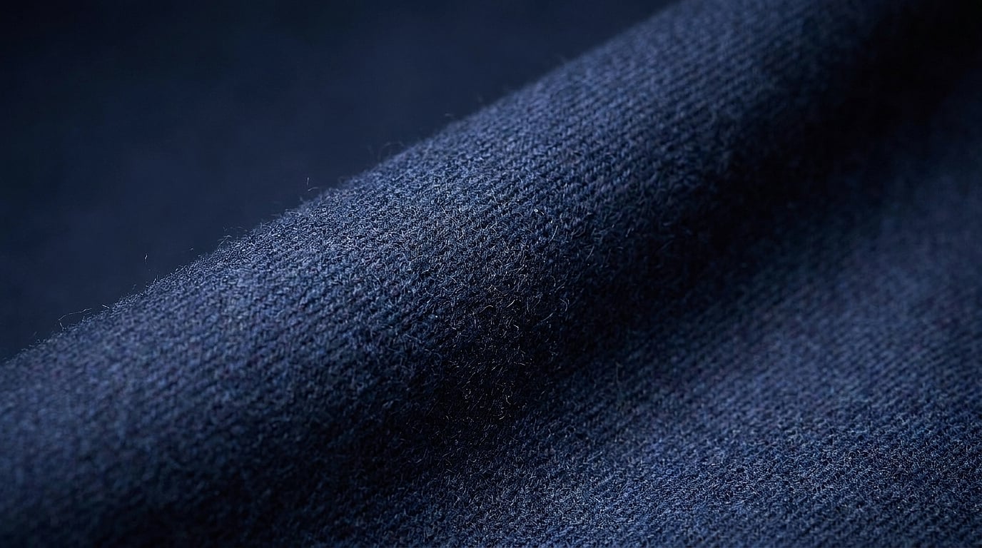 Trame de drap bleu indigo, texture visible au toucher