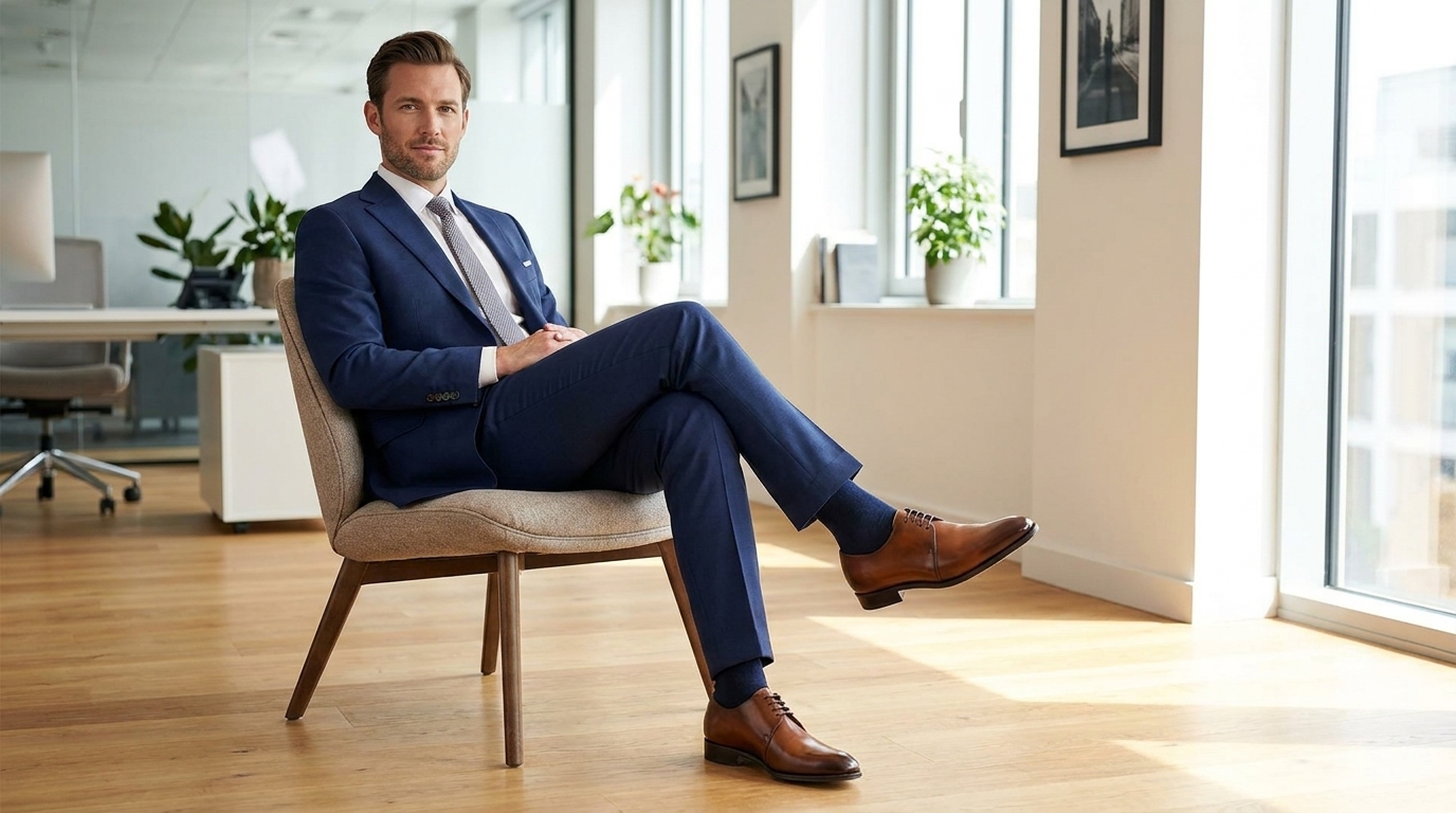 Derbies en cuir homme avec costume bleu marine