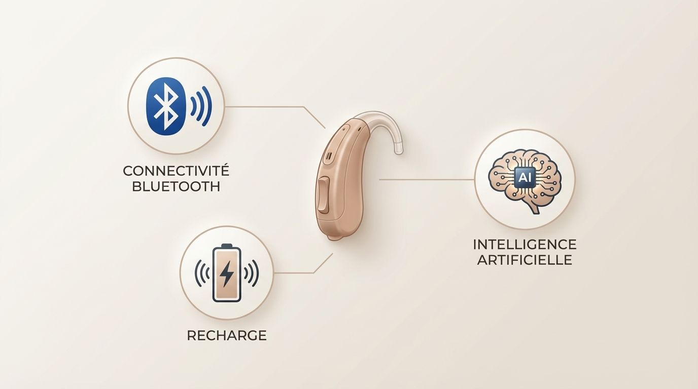 Illustration Technologies appareils auditifs : connectivité Bluetooth, recharge et IA