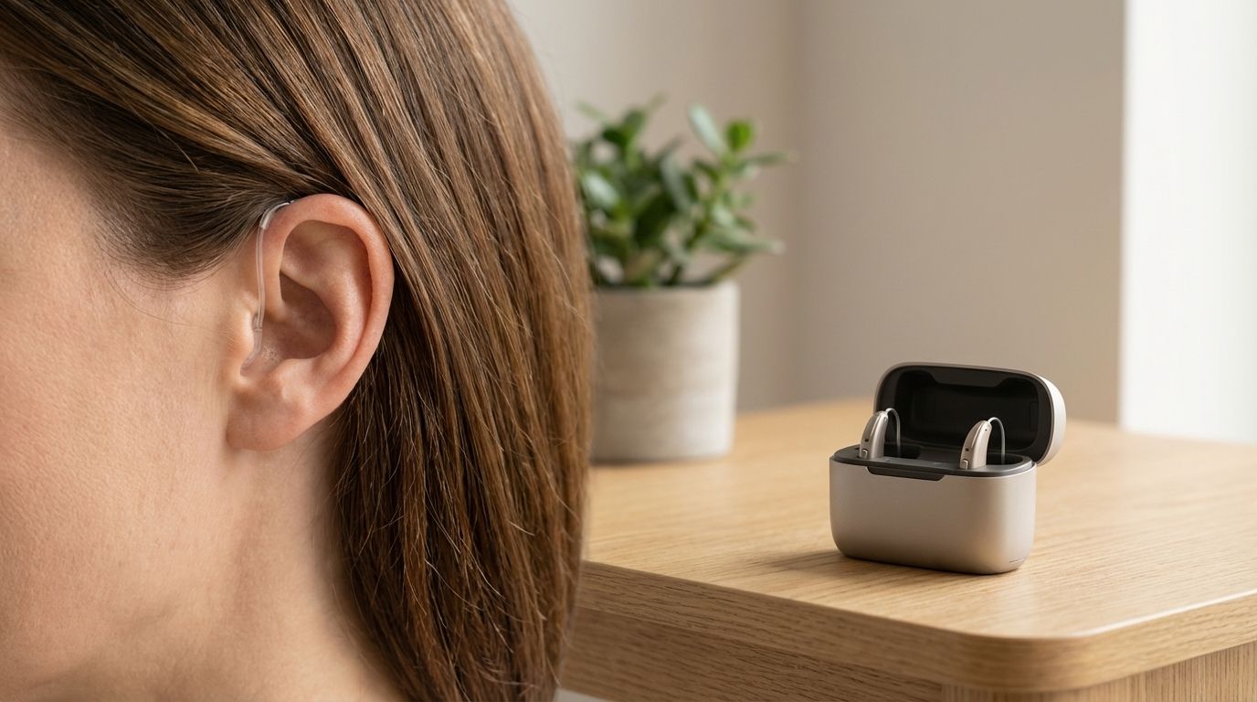 Boîtier de recharge et appareil auditif discrets pour illustrer la connectivité et l’autonomie