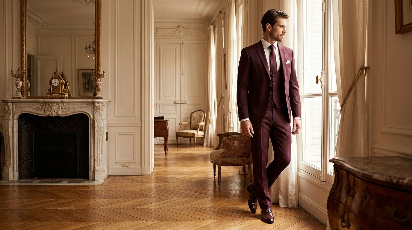 Costume de mariage trois pièces bordeaux coupe ajustée