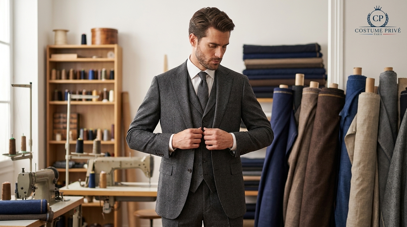 Détails d'un costume trois pièces haut de gamme
