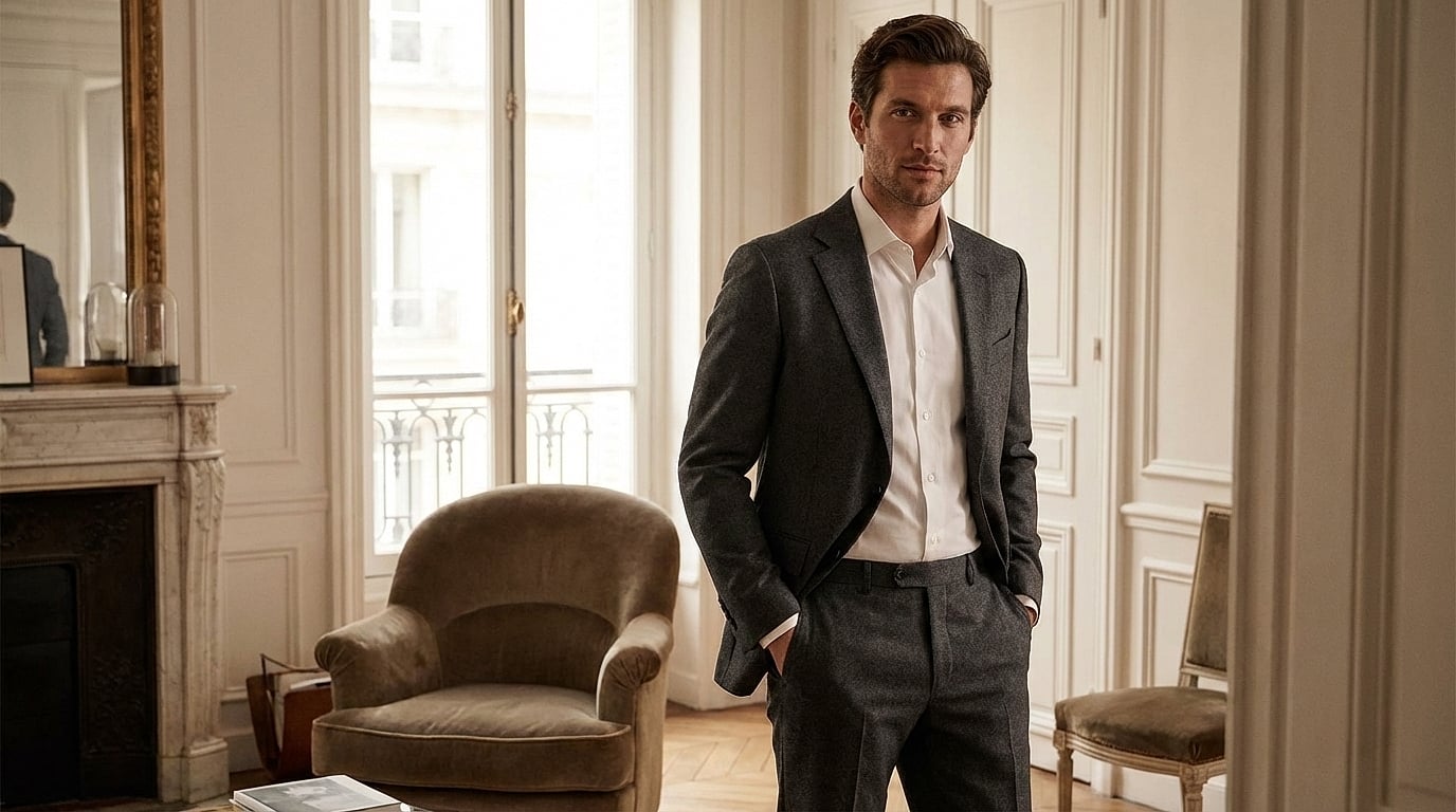 Costume homme luxe Paris en salon privé, rendu de tombé et coupe ajustée