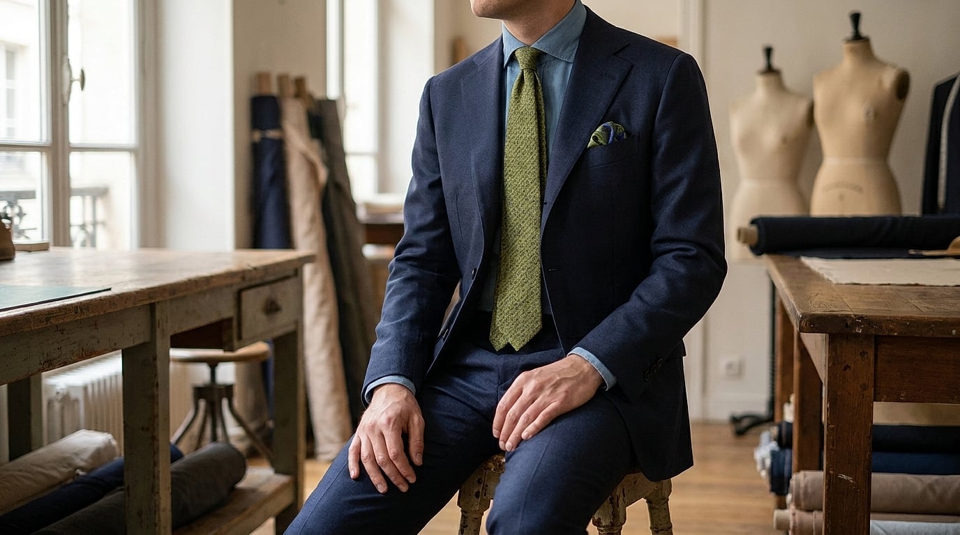 Costume bleu marine deux pièces, lumière naturelle, coupe ajustée