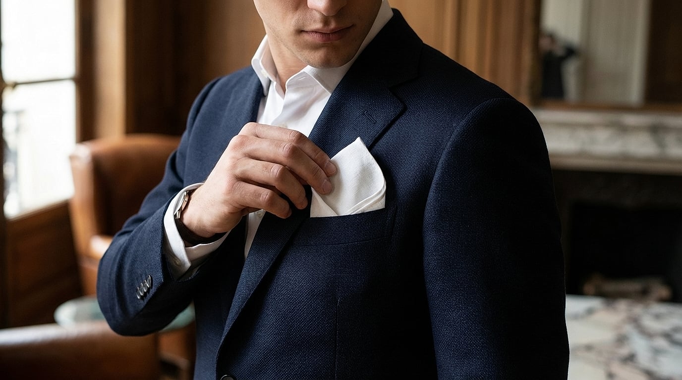 Pochette costume pliée et insertion dans la poche poitrine sur veste sombre, cadrage serré