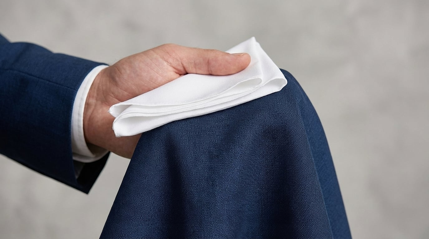 Observation du tombé et de la texture d’une pochette costume, plan rapproché