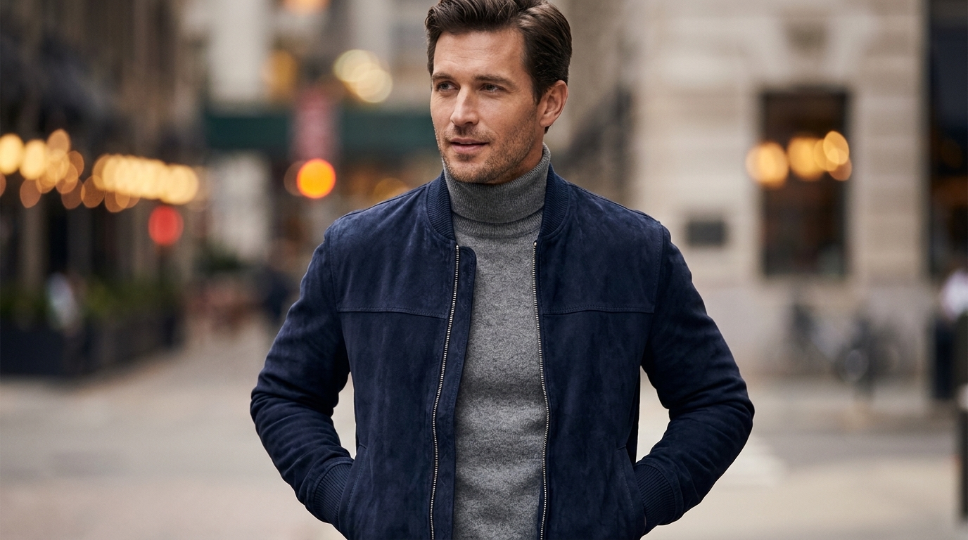 Look masculin avec bomber en daim bleu nuit et maille