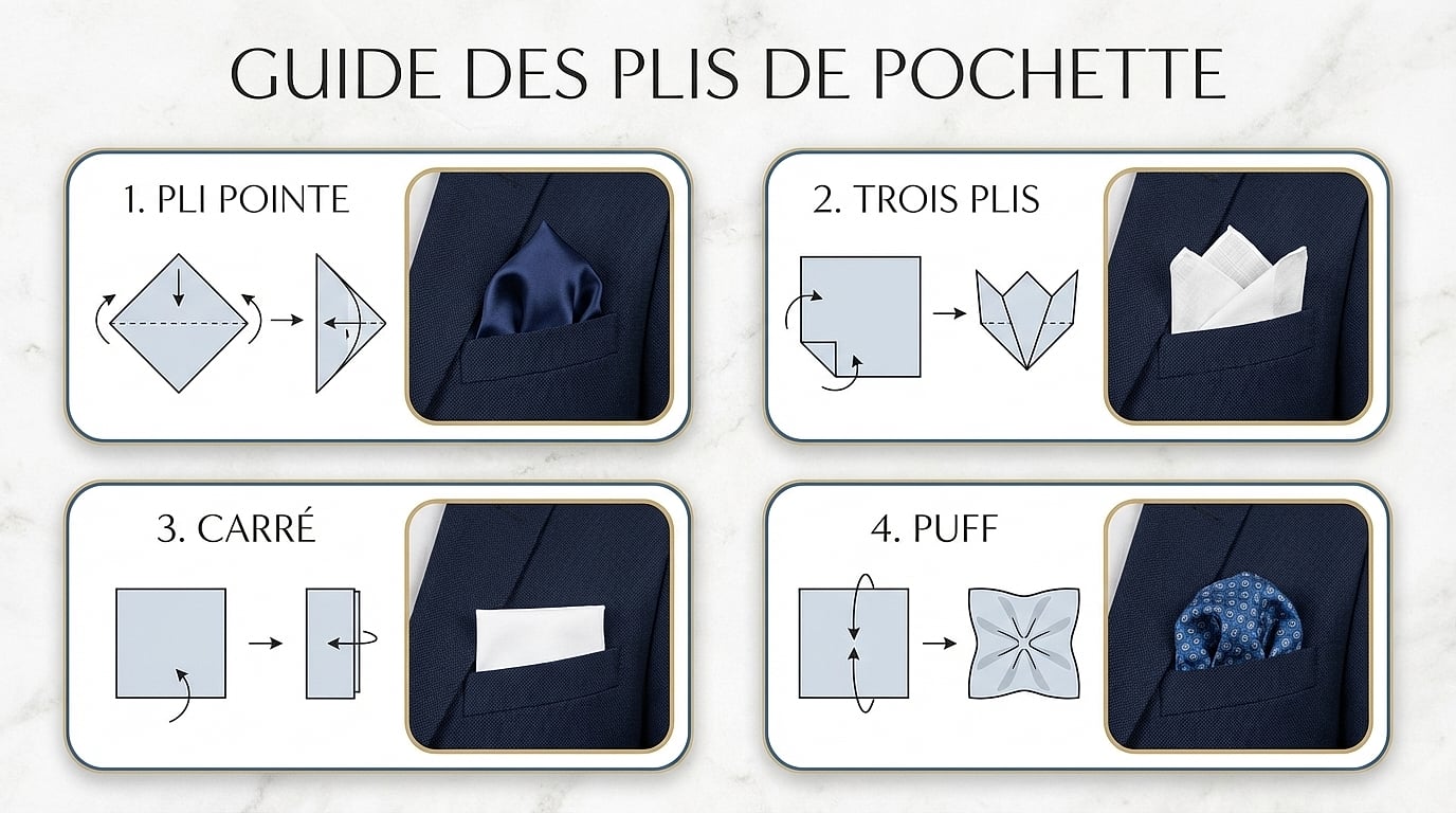 Infographie pas à pas pour plier une pochette costume, quatre méthodes