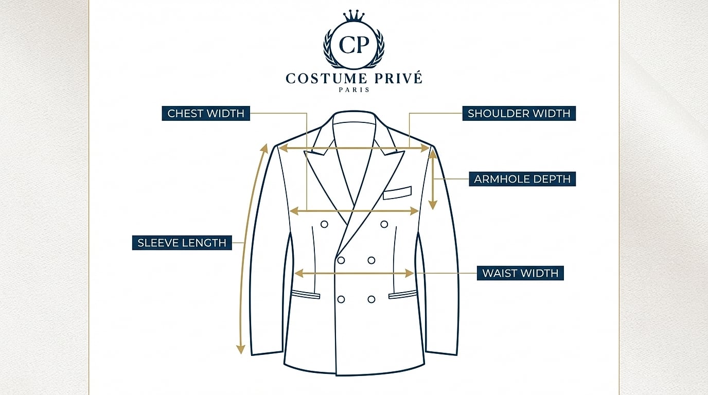 Repères de taille pour veste croisée : épaules, emmanchure et longueur de manche