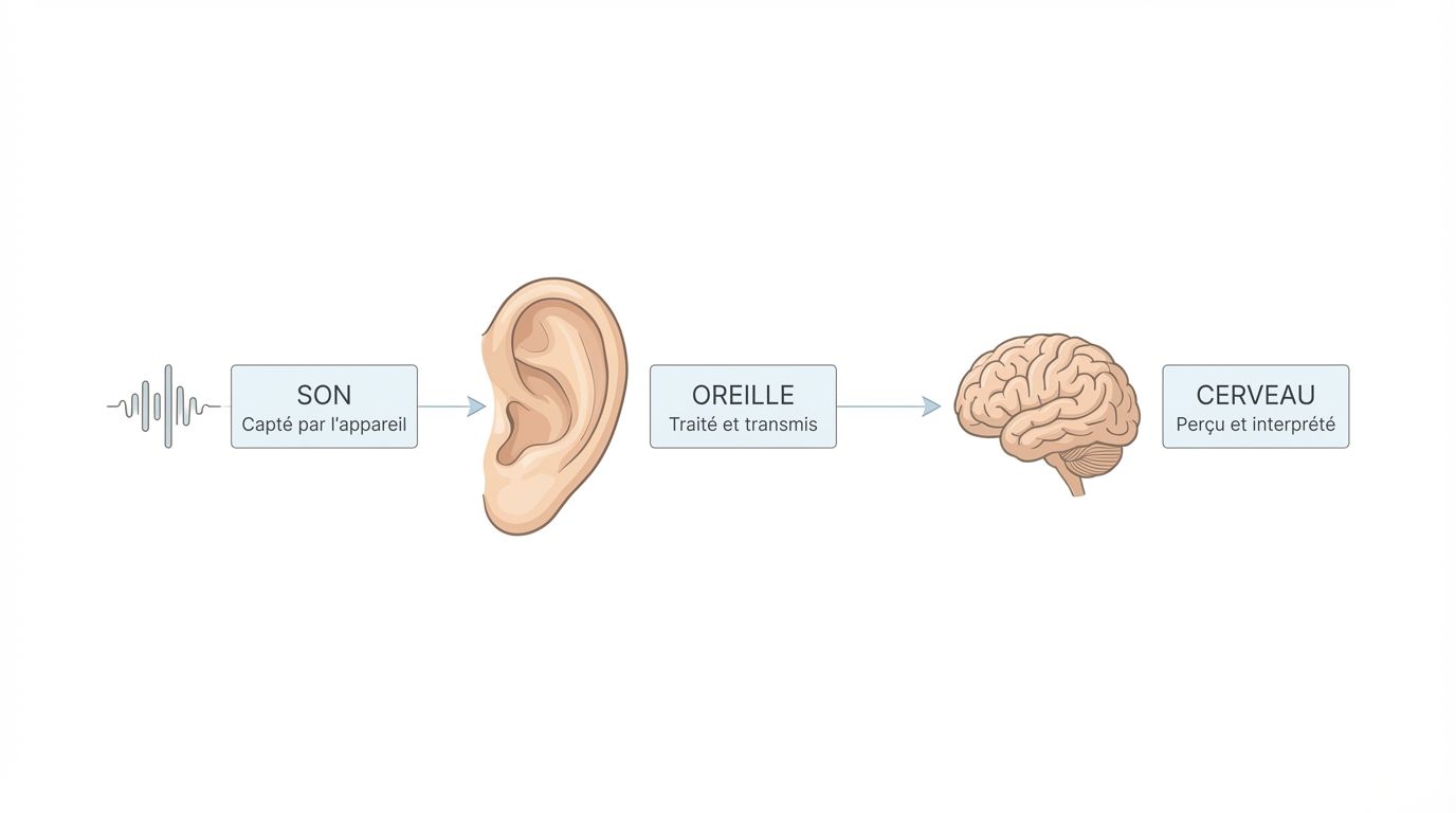 Sch&eacute;ma explicatif reliant signal sonore, audition et cognition
