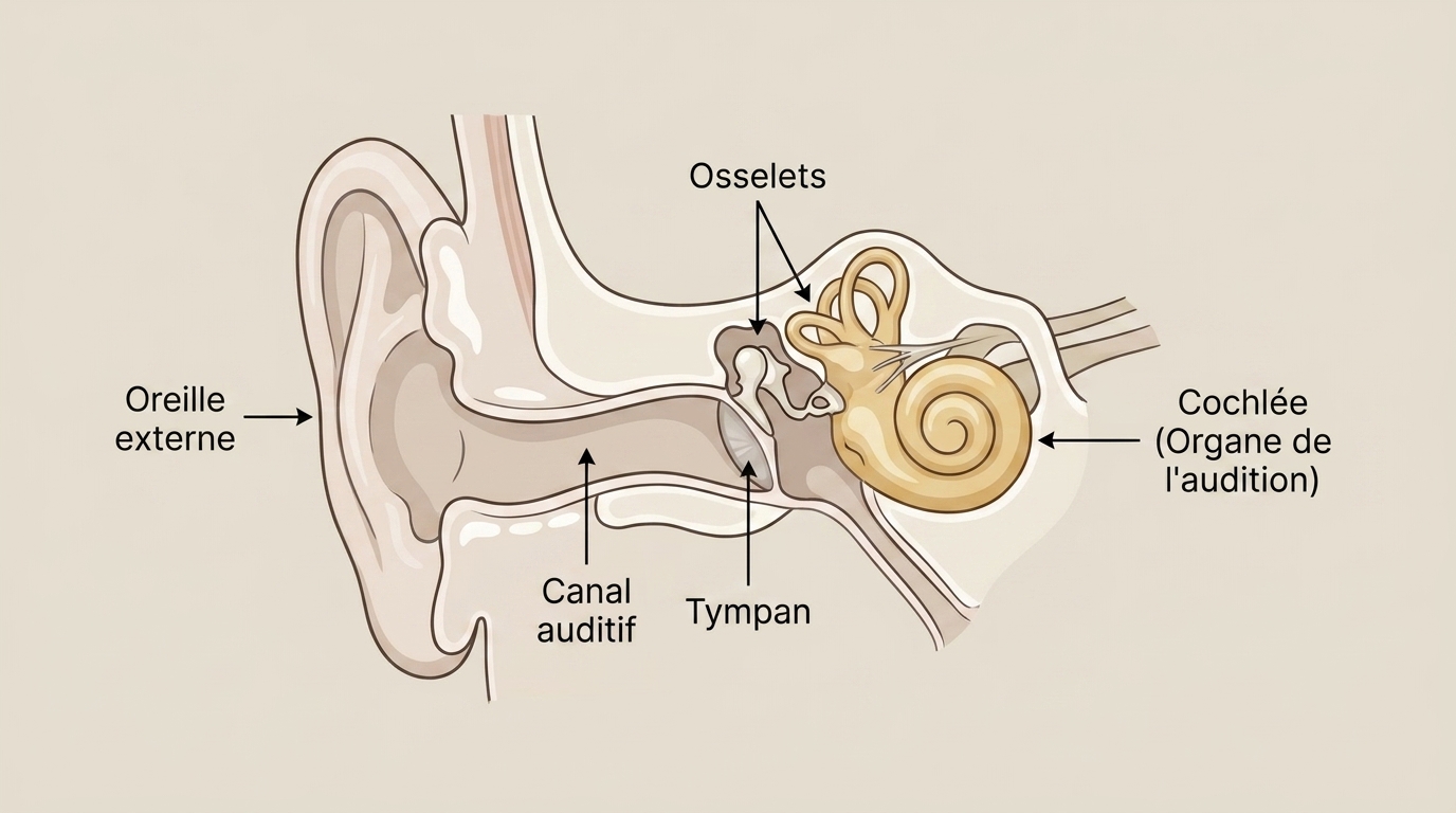 Sch&eacute;ma anatomique de l'oreille interne pour comprendre la perte auditive