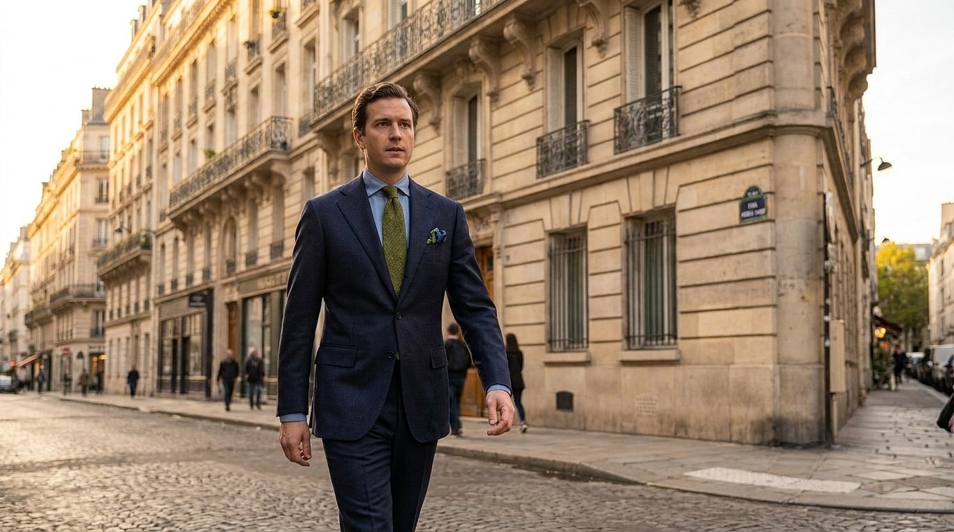 Homme portant un costume business bleu marine sur mesure à Paris