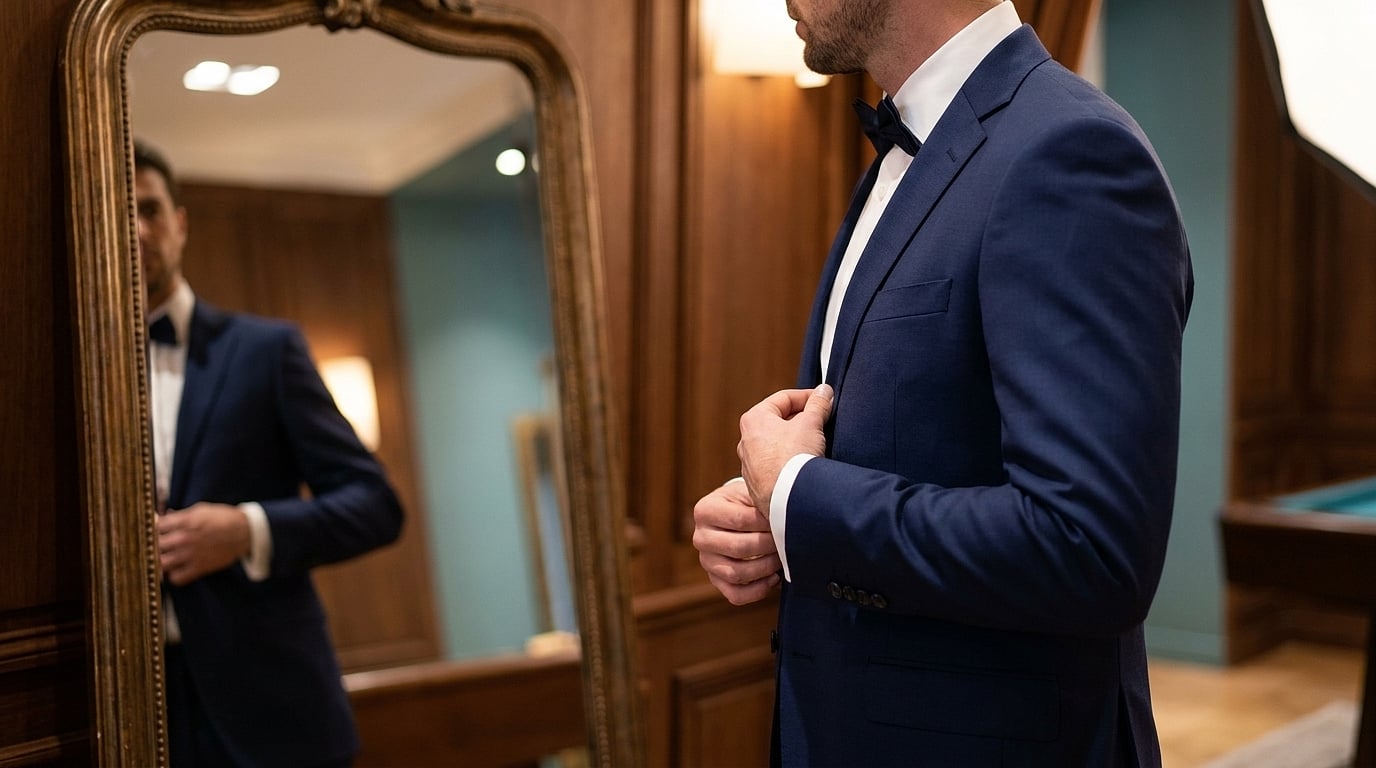 ajustement costume bleu sur mesure homme
