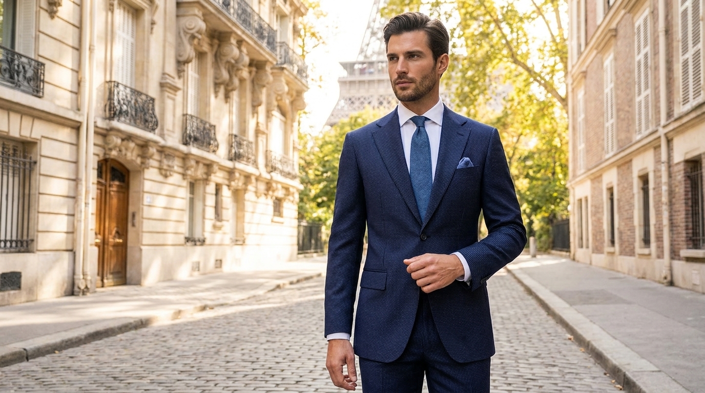 Homme portant un costume bleu structuré dans un environnement urbain